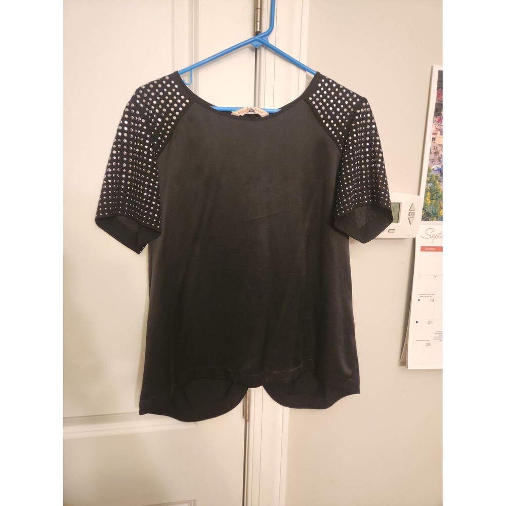 Rebecca Taylor "Nailhead" Black Rhinestone Sleeve Silk Shortsleeve Top Sz 4 NWT